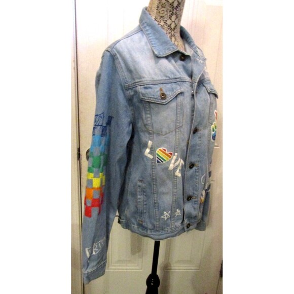 Brooklyn Cloth Pride Doodle Jean Jacket Blue Denim Peace Love United Size M - Picture 6 of 13